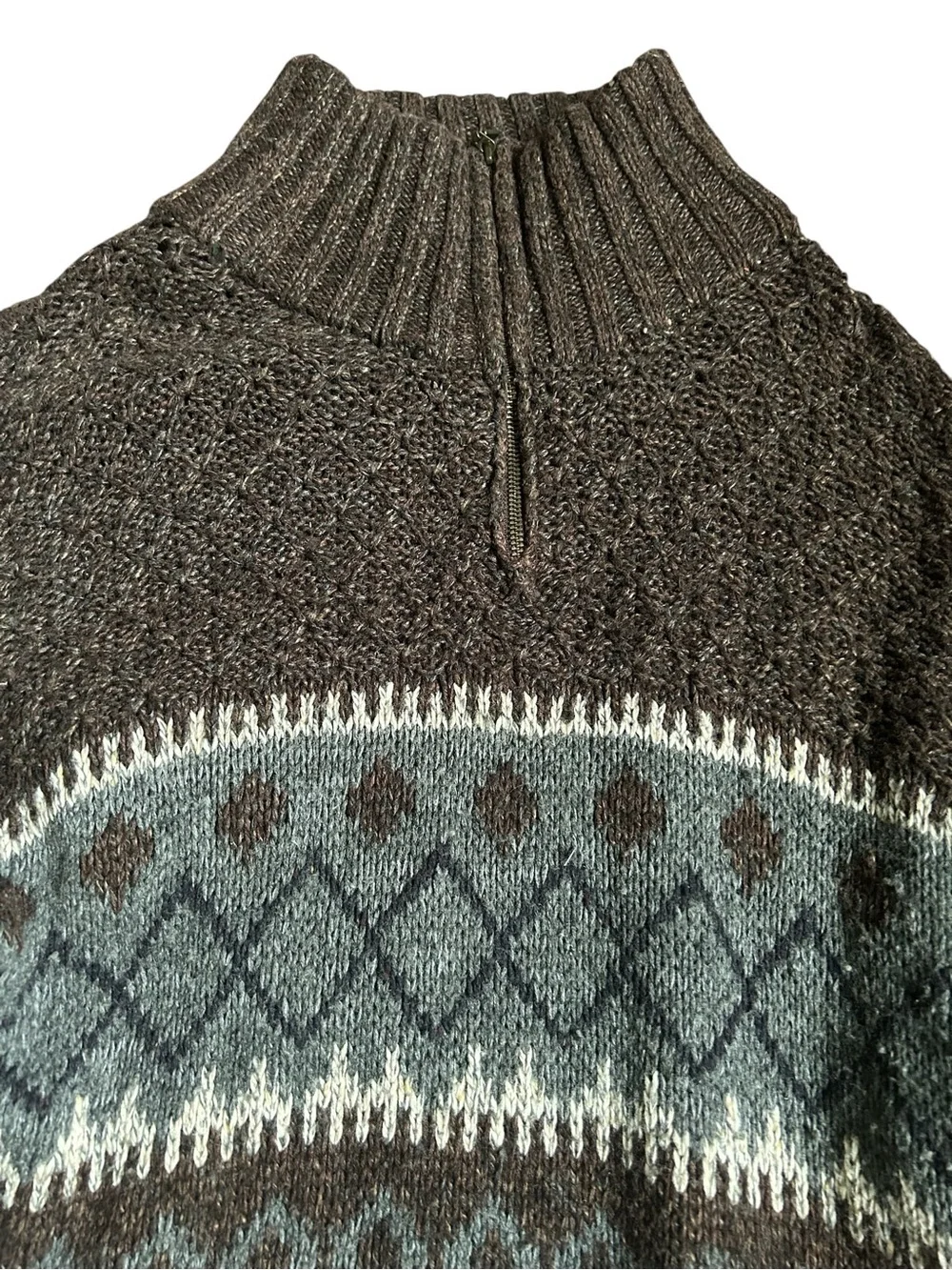 Men's Unisex Brown Fair Isle Mock Neck Ramie Blend  Thick Sweater Size: XLT